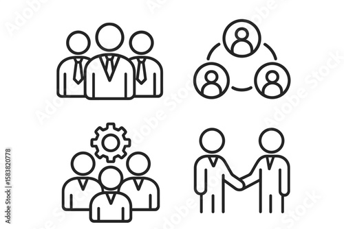 Business Teamwork and Collaboration Outline Icons Set. Linear Style Business People, Teamwork, Partnership, Work Group, Cooperation, Networking, Management, Leadership, Communication, Office Concept