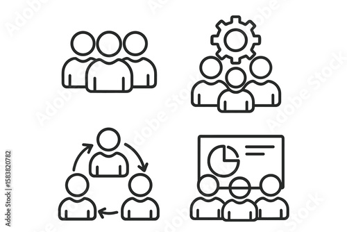 Business Teamwork and Collaboration Outline Icons Set. Linear Style Vector Collection Featuring Team, Work Group, Business People, Project Management, Communication, and Presentation Concepts
