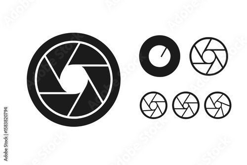 Camera Lens Aperture Diaphragm Set. Shutter Silhouette Icons. Photo Lens Aperture, Camera Shutter Pictogram Collection. Lomography, Film Lens, Snap Optics, Objective, Photography Equipment.