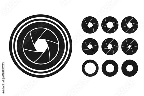 Set of Photo Camera Lens Diaphragms and Apertures, Silhouette Icons of Camera Shutters, Aperture Blades, Lomography Film Lens and Snap Optics Objective Symbols, Photography Equipment Vector