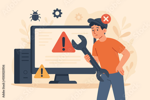 System error, software problem, system failure, security alert, hardware fault, caution, maintenance concept, young technician with wrench fixing computer, troubleshooting warning signs
