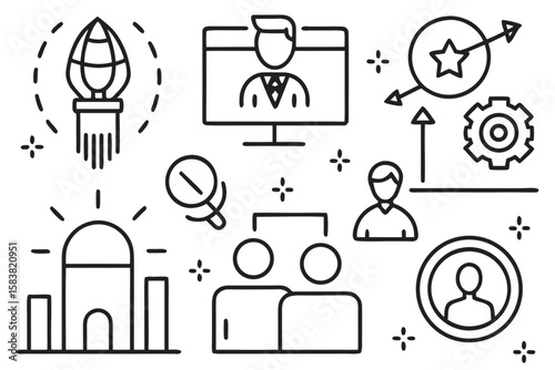Collection of black line icons representing recruitment and business concepts on a white background hiring