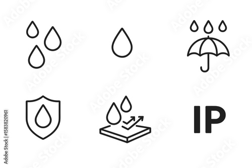 Waterproof Line Icon Set. Water Drop, Moisture, Waterproof Material, Water Protection, Water Resistance, IP Rating, Hydrophobic Surface, Shield, Umbrella, Outline Vector Icons, Minimal Linear Style