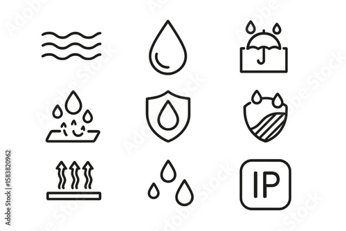 Waterproof Line Icon Set – Water Drop, Moisture, Waterproof Material, Water Protection, Water Resistance, IP Rating, Hydrophobic Surface, Outline Vector Icons, Linear Style, Conceptual Design