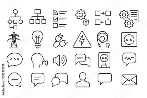 Workflow Process and Communication Line Icons Set. Organization, Productivity, Sequence, Gear, Checklist, Electricity, Plug, Socket, Light Bulb, Speech Bubble, Communication, Outline Vector Pictograms