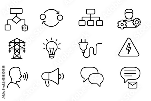 Workflow Process and Communication Line Icons Set. Organization, Productivity, Sequence, Scheme, Gear, Power, Lightbulb, Communication, Management, Outline Vector Symbols for Business and Technology