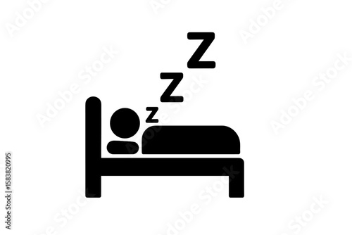 Sleeping Person in Bed Icon, Snoring Symbol, Sleep and Rest Concept, Black Silhouette, Zzz Sign, Nighttime Relaxation, Bedroom Furniture, Health and Wellness, Vector Illustration, Isolated on White