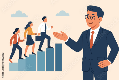 Business coaching mentor concept. Improve employee skills, performance, leadership. Motivation and guidance for success. People walking up stairs to career growth. Vector.