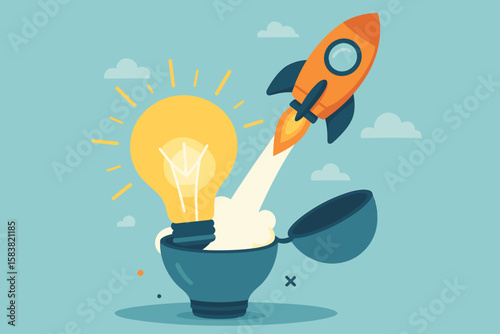 Startup launch concept with rocket launching from a lightbulb. Creative idea, innovation, and new business project start. Vector illustration for business growth and success.