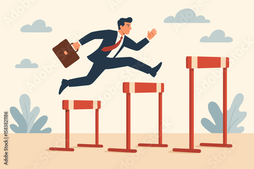 Business challenge concept. Ambitious businessman with briefcase jumping over hurdles. Overcoming obstacles and difficulties to achieve success. Career growth and aspiration.