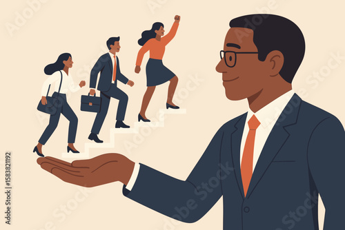 Business coaching or mentor to improve employee skills and performance. Leadership to motivate people. Advice or guidance for success concept. Employees walk up stairs.