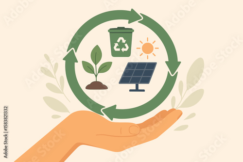 Circular economy and sustainability concept. Ecology with reusable resources, renewable energy and eco friendly products. Recycle materials for environmental protection.