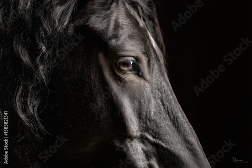 Dramatic close-up portrait of a majestic black horse head highlighting its deep-set eyes and flowing mane in a dark setting