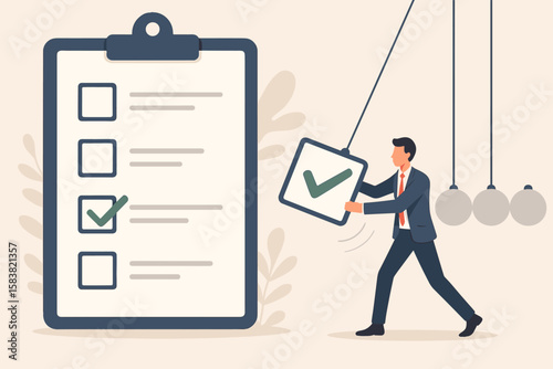 Task completion, project management concept. Businessman with checklist. To do list for productivity. Work progress, workflow. Finish work, goal achievement. Get things done.
