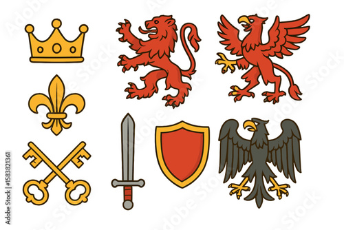 Set of cartoon heraldic symbols. Medieval royal emblems collection. Lion, griffin, eagle, crown, sword, shield vector icons. Coat of arms elements on white background.