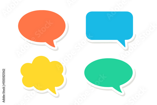 Set of colorful speech bubble stickers. Vector illustration of chat box, message balloon, and dialogue cloud icons for communication, social media, and web design elements.