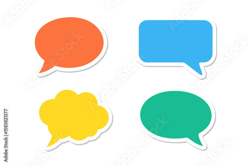 Colorful sticker speech bubbles vector set. Chat message icons for communication, dialogue, or comics. Blank flat design thought bubbles isolated on transparent background.