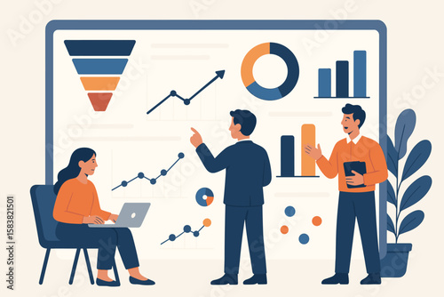 Business team analyzing data on dashboard. Marketing analytics concept with people looking at graphs, charts, and sales funnel. Strategic planning and teamwork illustration.