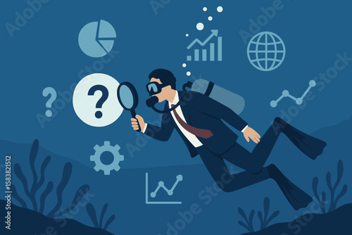 Deep dive analysis business concept. Businessman in suit scuba diving to research market, discover problems, and find strategy for improvement and optimization metaphor.