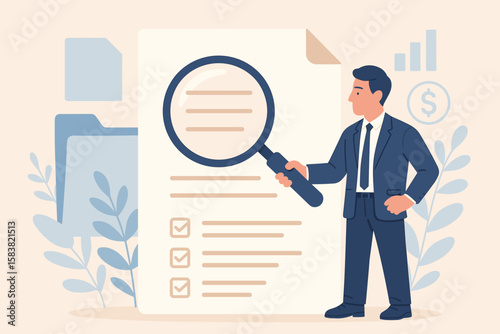 Document checking concept. Businessman manager with magnifying glass for agreement, contract validation, or financial analysis. Business audit and budget review illustration.