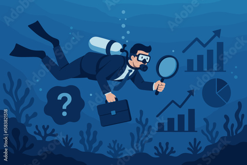 Deep dive analysis metaphor. Businessman scuba diving to discover business problems and improvement. Research and strategy to develop, explore market and find optimization.
