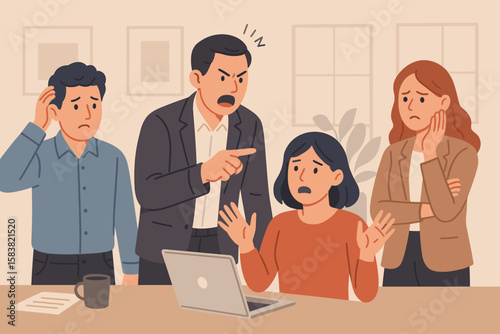 Angry boss shouting at employee. Workplace conflict and harassment. Scared, frustrated business people under pressure. Toxic work environment, bullying, and mobbing concept.