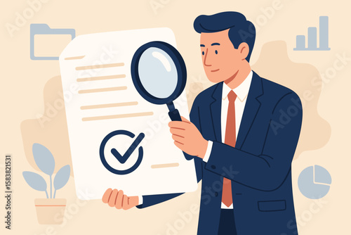 Document checking and contract validation concept. Businessman inspects agreement with a magnifying glass. Financial analysis, budget audit, and data verification metaphor.