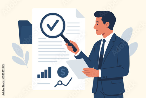 Document checking and financial analysis. Businessman with magnifying glass for contract validation, agreement, or budget review. Audit, search, and data verification concept.