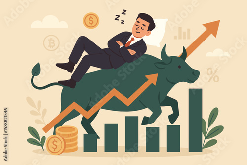 Easy money and passive income concept. Businessman sleeping on a bull in a rising stock market. Successful investment in stocks, mutual funds, or cryptocurrency.