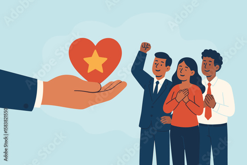 Employee appreciation concept. Hand giving heart reward for recognition and motivation. Best workers get an award for loyalty, teamwork, and success. Thankful staff.