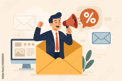 Email marketing and CRM concept. Businessman with megaphone in envelope announcing discount and promotion. Newsletter subscription for sales and advertising. Digital communication.