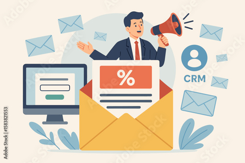 Email marketing and CRM concept. Businessman with megaphone in envelope announcing discount promotion. Newsletter subscription for sales and customer communication strategy.