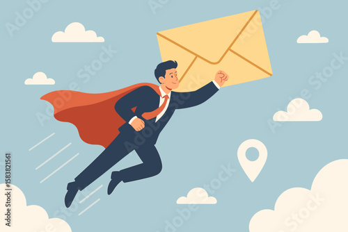 Businessman superhero flying with email envelope. Email marketing campaign, fast delivery, and communication concept. Newsletter subscription and direct message service vector.