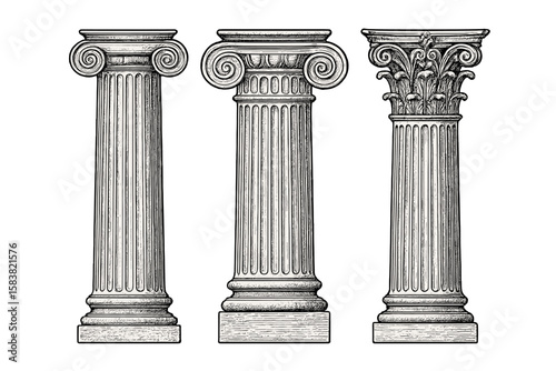 Set of classical ancient columns. Greek or Roman architecture pillars. Ionic and Corinthian orders. Vintage hand-drawn engraving style vector illustration collection.