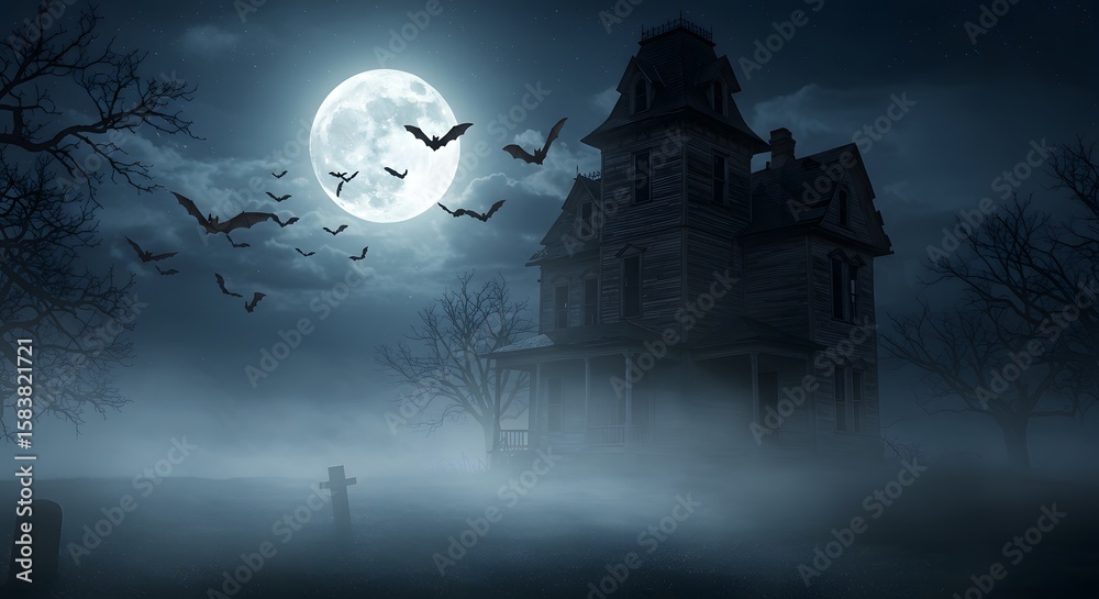 Fototapeta premium Haunted House in Fog with Full Moon