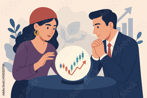 Business People Consulting Fortune Teller for Stock Market Forecast, Investment Opportunity, Economic Trend Prediction, Financial Growth, Business Vision, Candlestick Chart, Success Concept