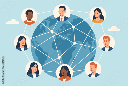 Global Business Network, Remote and Offshore Work Collaboration, Worldwide Social Media Connections, Diverse Teamwork, International People Linking, Digital Communication, Global Workforce Integration