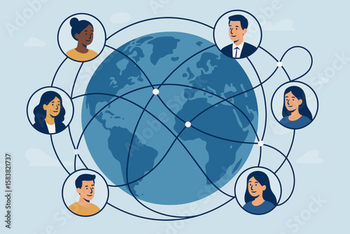 Global remote work network, worldwide business people connection, international team collaboration, social media communication, linking diverse professionals, digital community concept