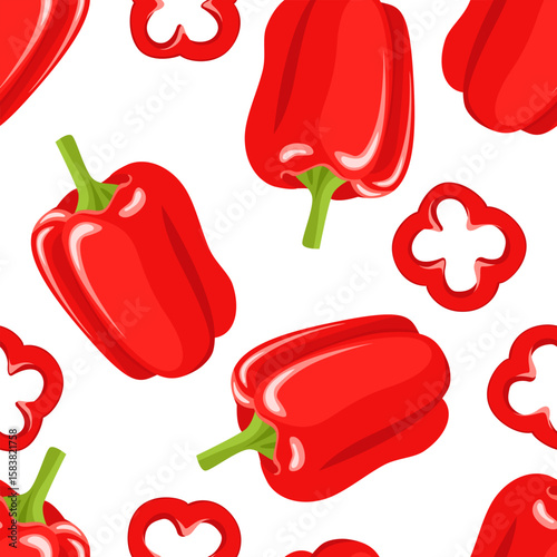 Red bell pepper background. Vector cartoon flat illustration. Seamless pattern with fresh vegetables.