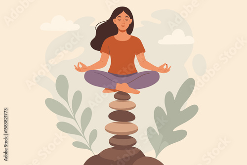 Serene Meditation and Mindfulness for Wellness, Balance, and Focus—Calm Woman Practicing Yoga, Zen Spiritual Therapy, Relaxation, Inner Peace, Tranquility, and Concentration Concept Illustration