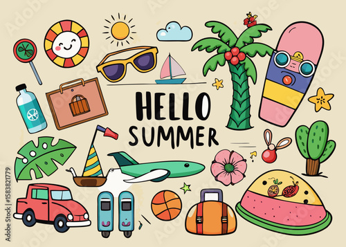 Collection of colorful summer vacation doodles and travel icons with text hello summer