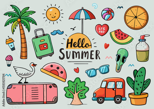 Collection of cute summer vacation doodles with hello summer text
