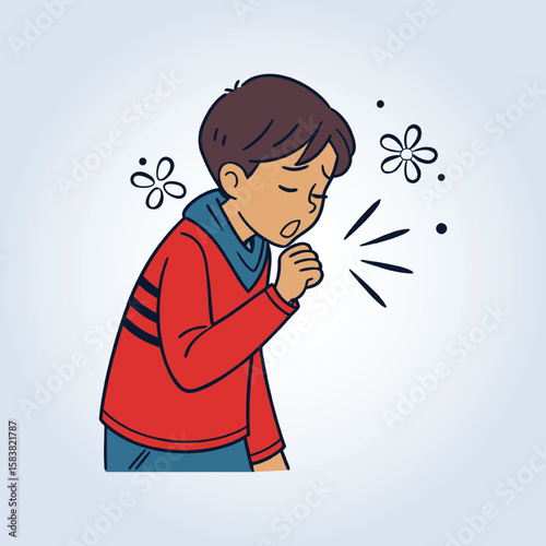 An illustration of a boy coughing, wearing a red shirt