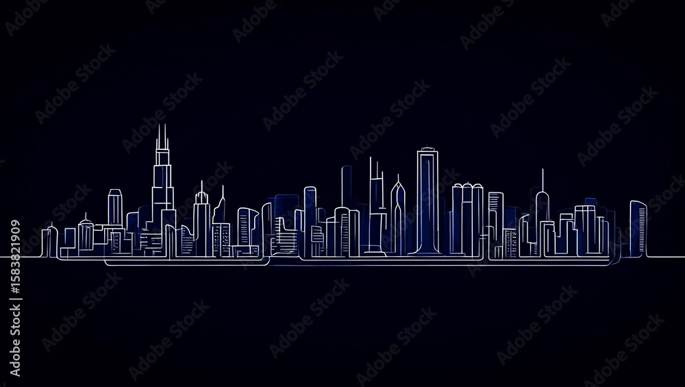 Fototapeta premium Minimalist city skyline outline with blue accents buildings architecture