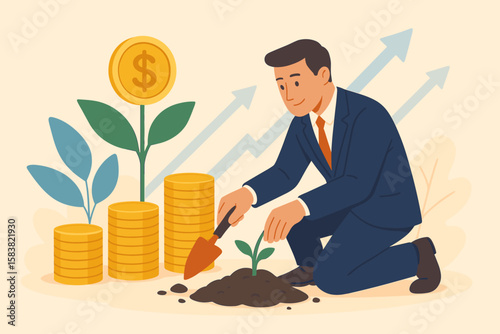 Businessman Investor Planting Money, Growing Investment, Wealth and Pension Fund, Financial Growth, Retirement Savings, Asset Management, Stock Market Success, Economic Prosperity Concept