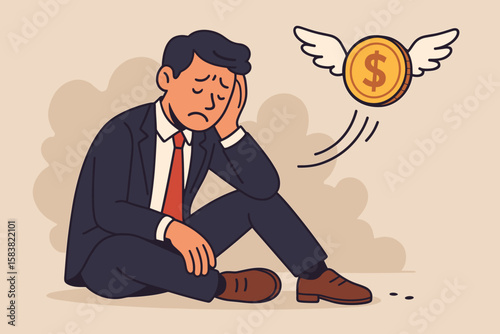 Desperate Businessman Facing Financial Loss, Bankruptcy, Debt Crisis, Economic Recession, Investment Failure, Tax Problem, Money Flying Away, Hopelessness, Financial Ruin Concept Illustration