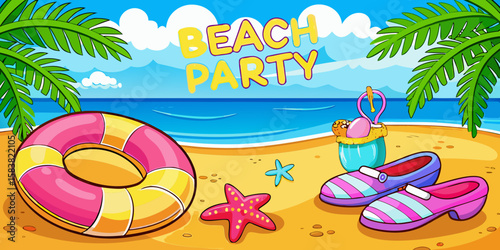 Colorful beach party scene with tropical elements and summer fun items