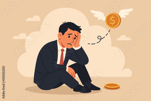 Desperate Businessman Facing Financial Loss, Bankruptcy, Debt Crisis, Economic Recession, Investment Failure, Tax Problems, Hopelessness, Money Flying Away, Financial Ruin Concept Illustration