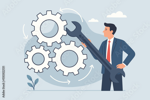 Business process optimization concept. Businessman with a wrench adjusting a cogwheel mechanism. Metaphor for improvement, maintenance, repair, and workflow management solution.