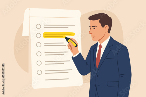 Businessman Highlighting Key Information on Checklist, Agenda Planning, Important Reminder, Success Strategy, Business Meeting Note, Office Organization, Task Prioritization, Corporate Schedule